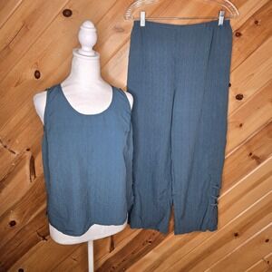 Citron Santa Monica Blue Set Tank & Crop Pants Textured 100% Silk Sz Medium Vaca